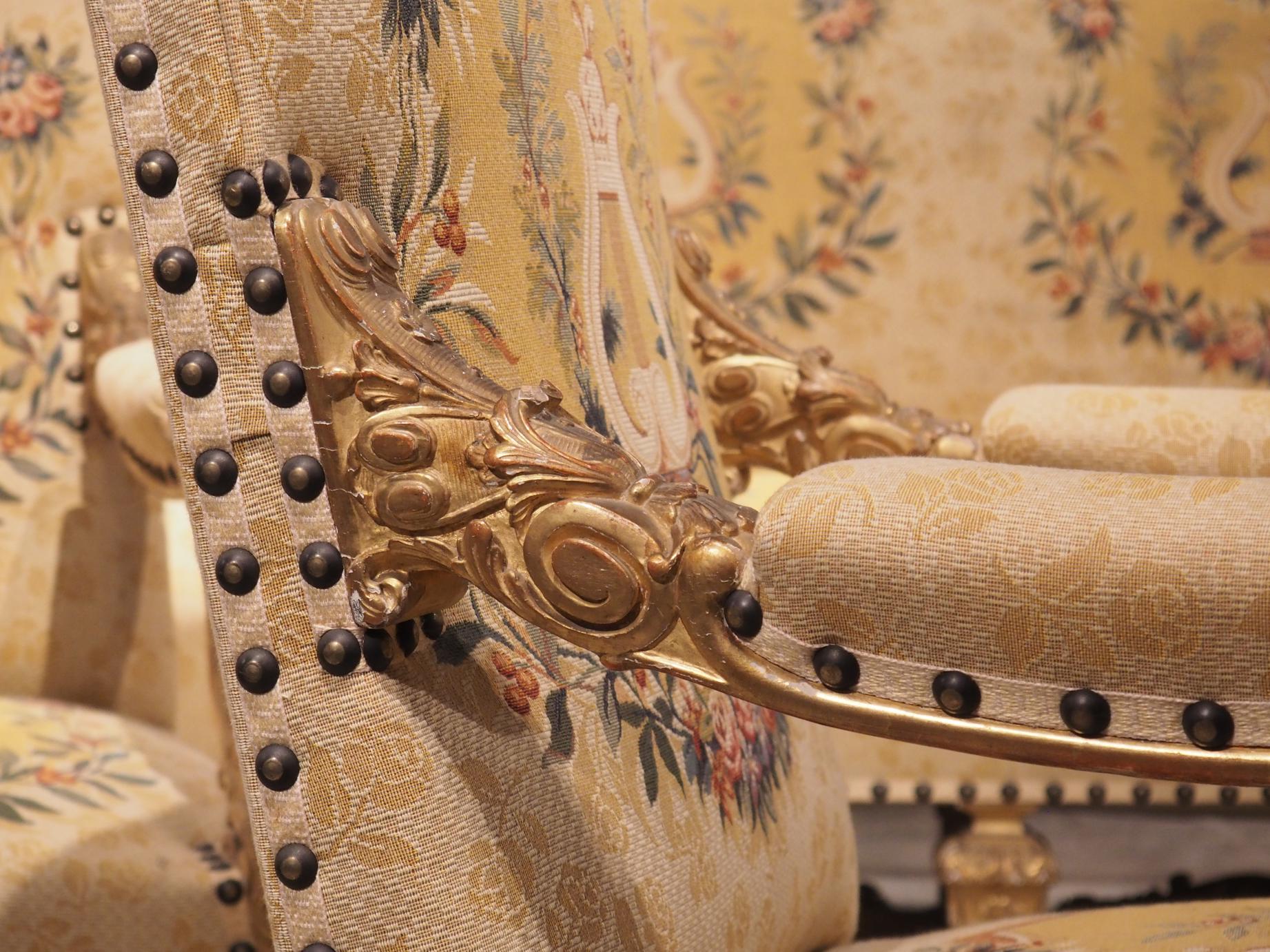 Rare Seven-Piece Louis XIV Style Giltwood Salon Suite from France, circa  1880