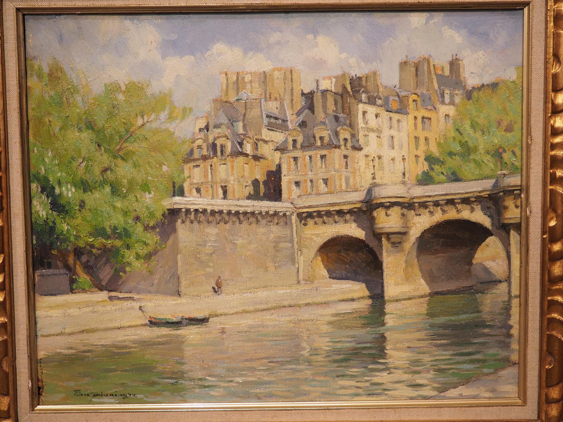 Le Pont Neuf Painting in Giltwood Frame by Ansaloni, Dated 1944 - Le Louvre  French Antiques