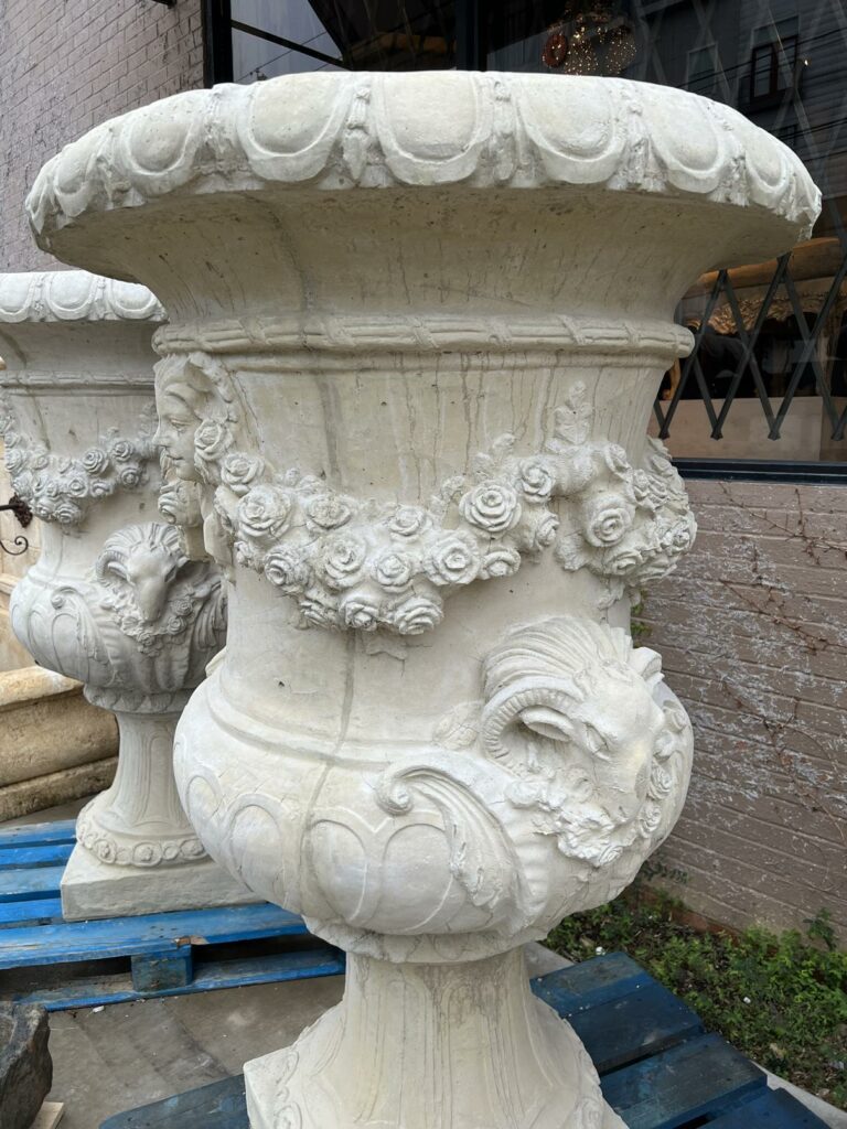 Pair Monumental French Cast Chateau Urns, 