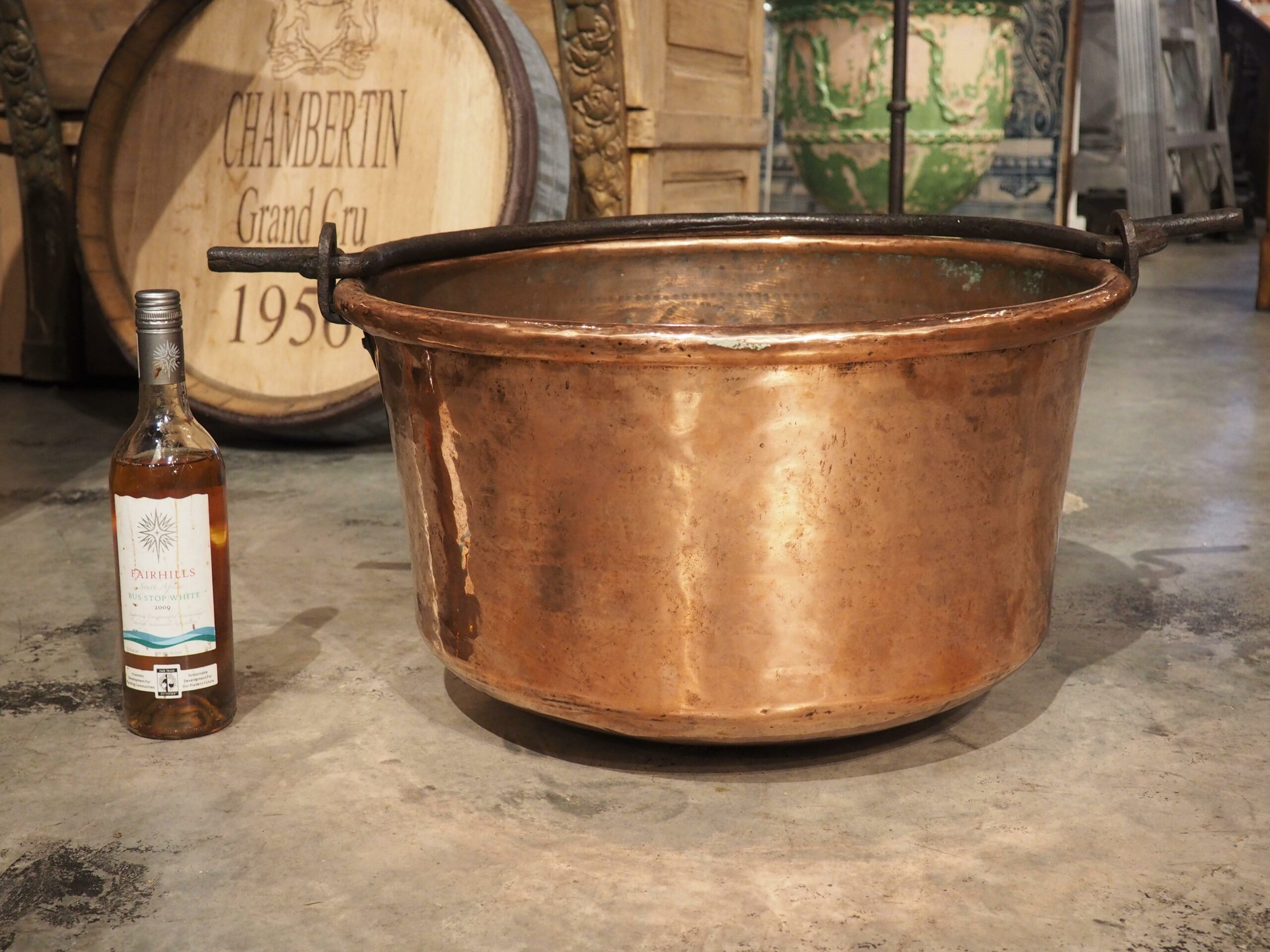 Massive Spanish Copper Cauldron with Iron Hook Handles For Sale at