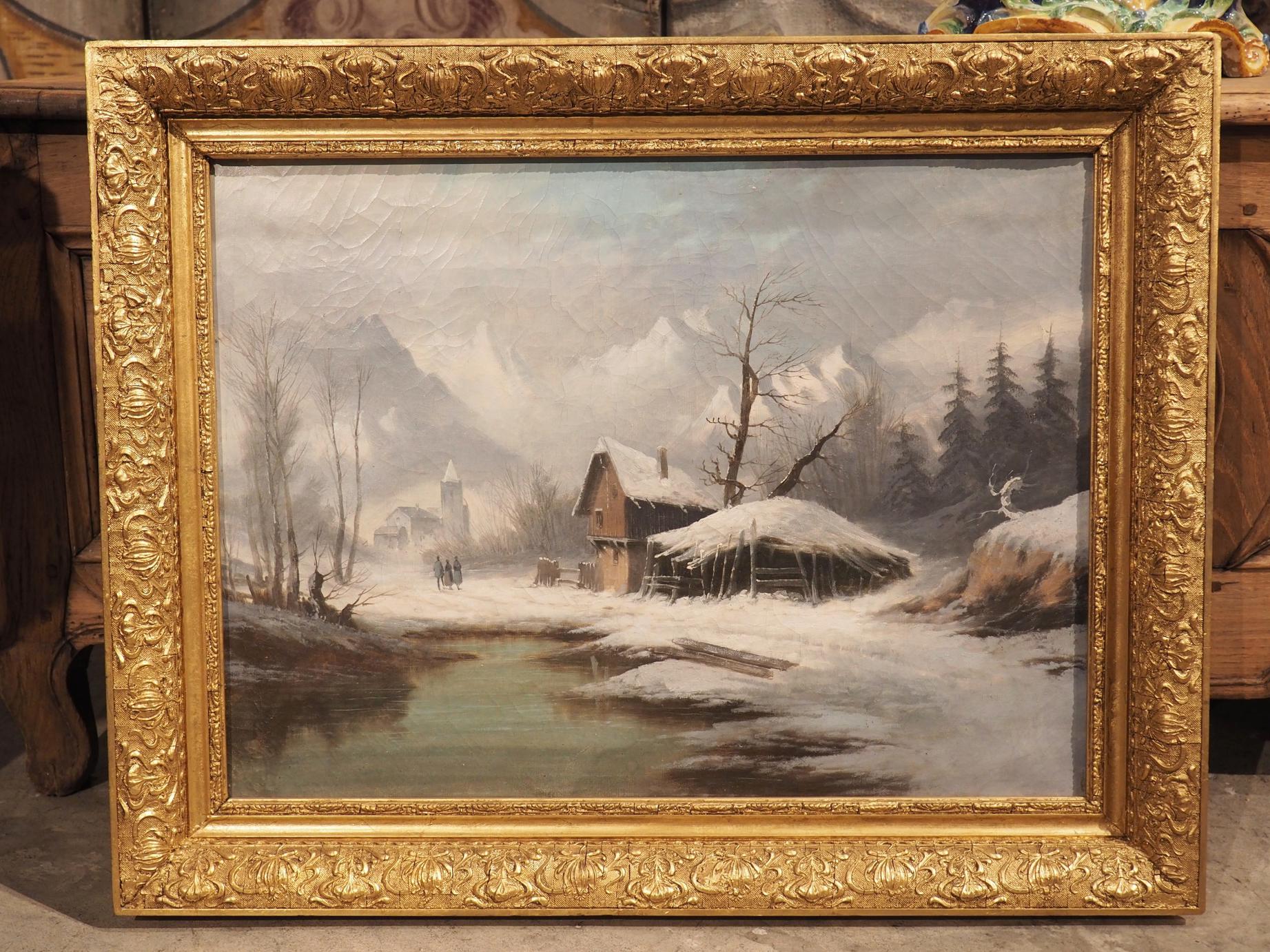 19th Century French Winter Landscape Painting in Original Giltwood Frame -  Le Louvre French Antiques