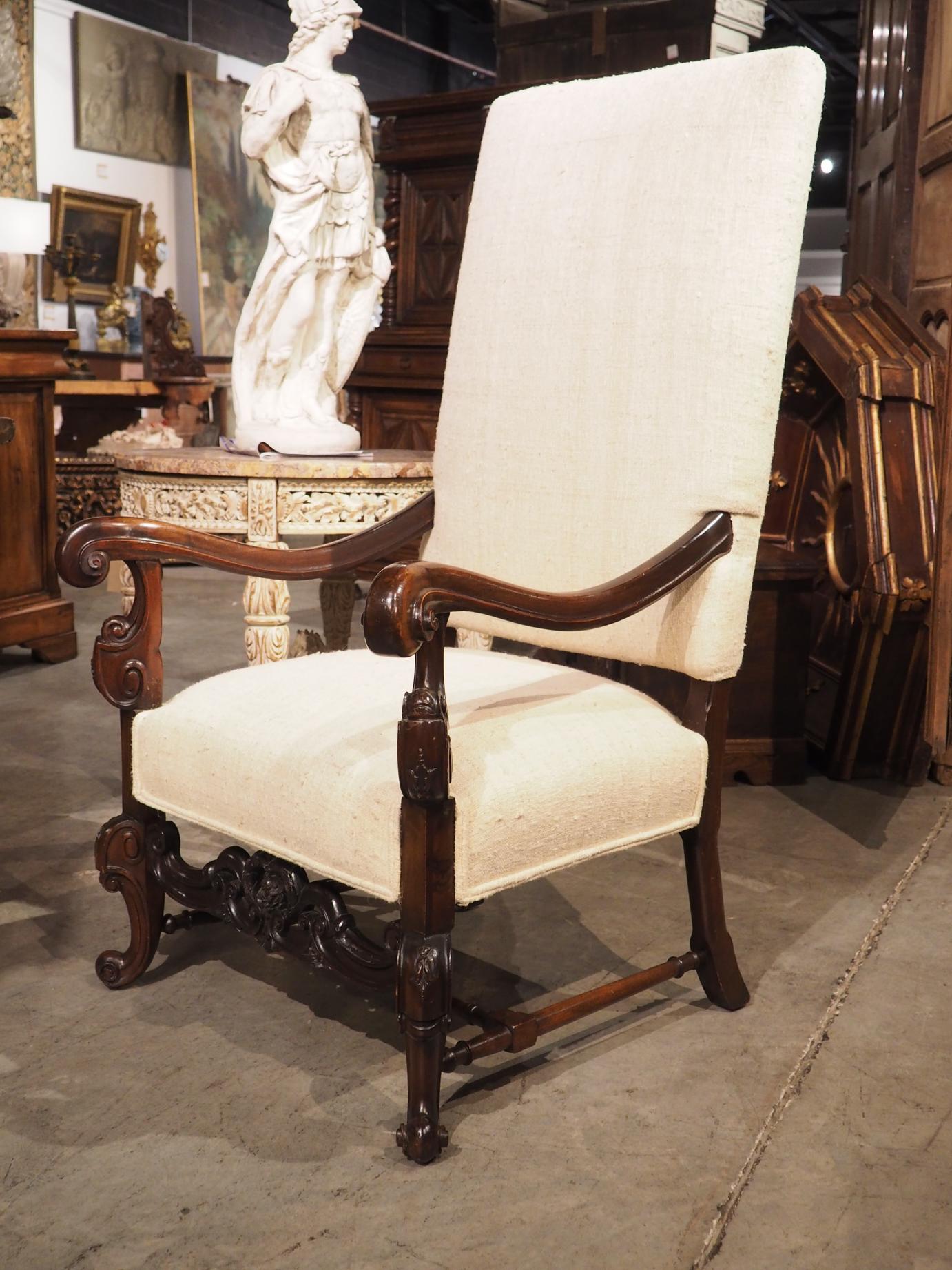 Pair Louis XV-Style Arm Chairs in Walnut with Carved Cartouche