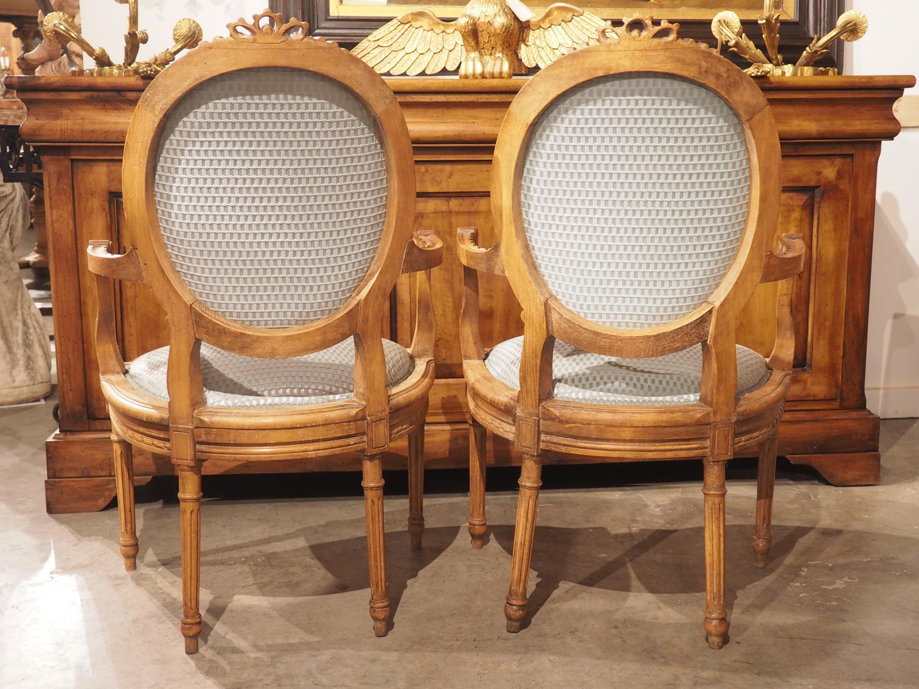 Pair of French Louis XVI Style Beechwood and Blue Silk Cabriolet