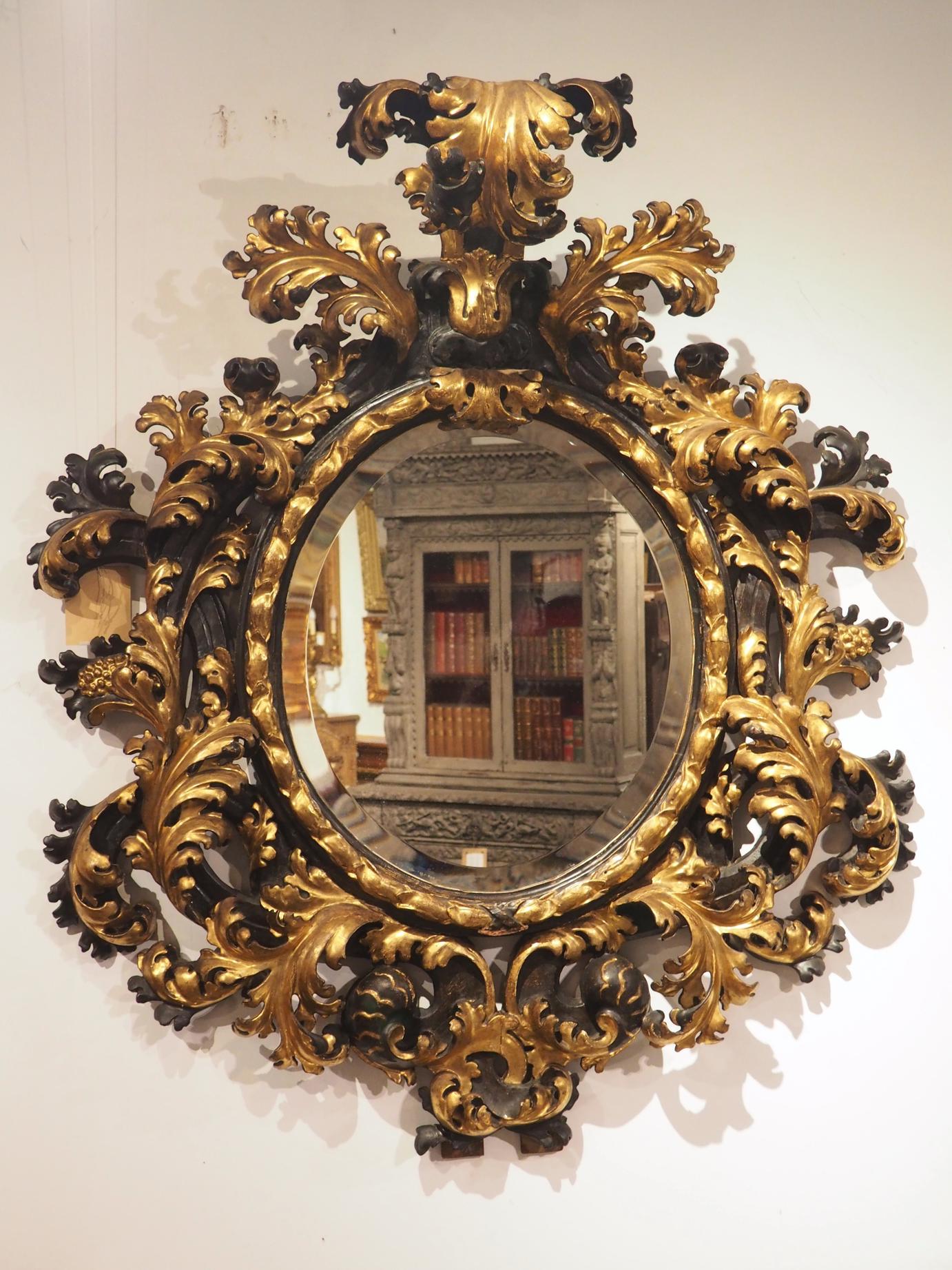 Fabulous Antique Florentine Black and Gold Wall Mirror, Circa 1850 Le  Louvre French Antiques