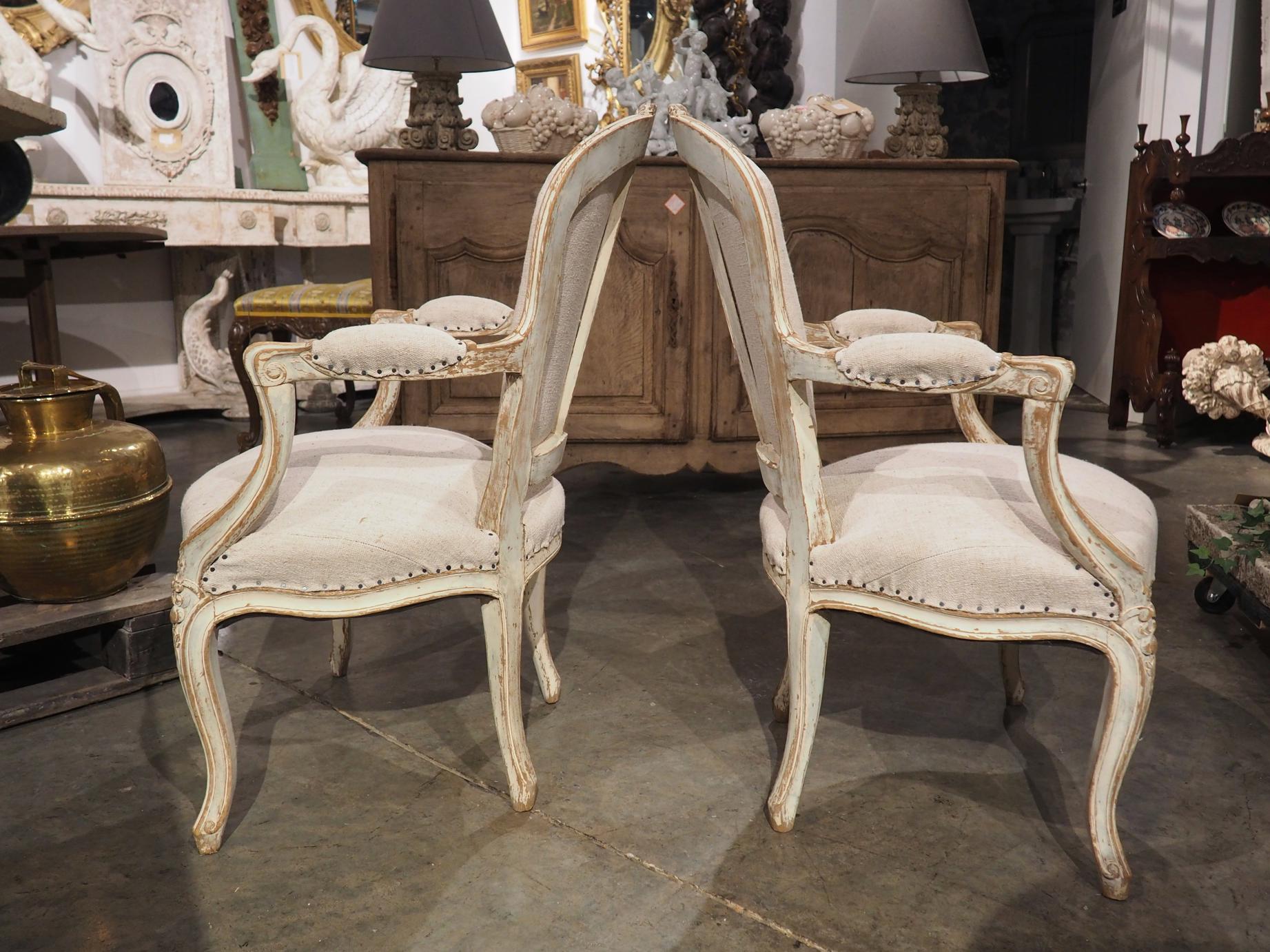 Pair of Antique French Parcel Paint Cabriolet Armchairs, Late 19th