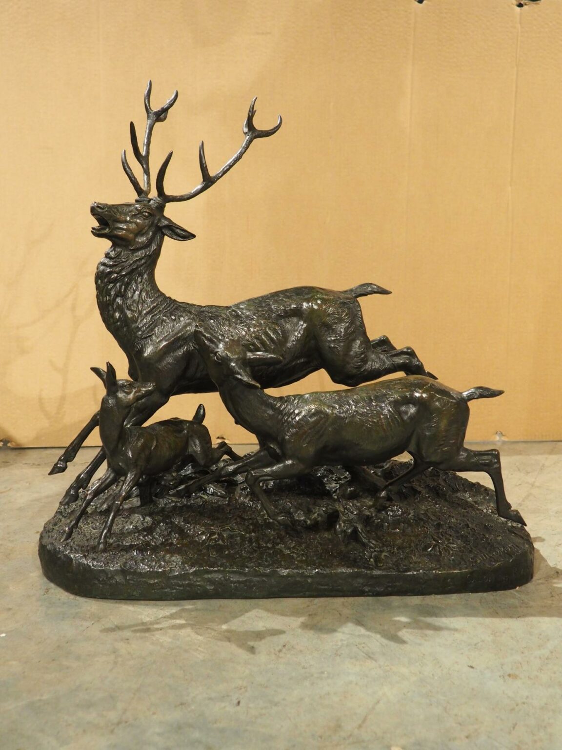 Large Antique French Bronze Sculpture, Bellowing Stag, Doe, and Fawn ...