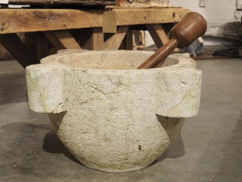 Oversized French 18th Century Carved and Hammered Stone Mortar with Pestle