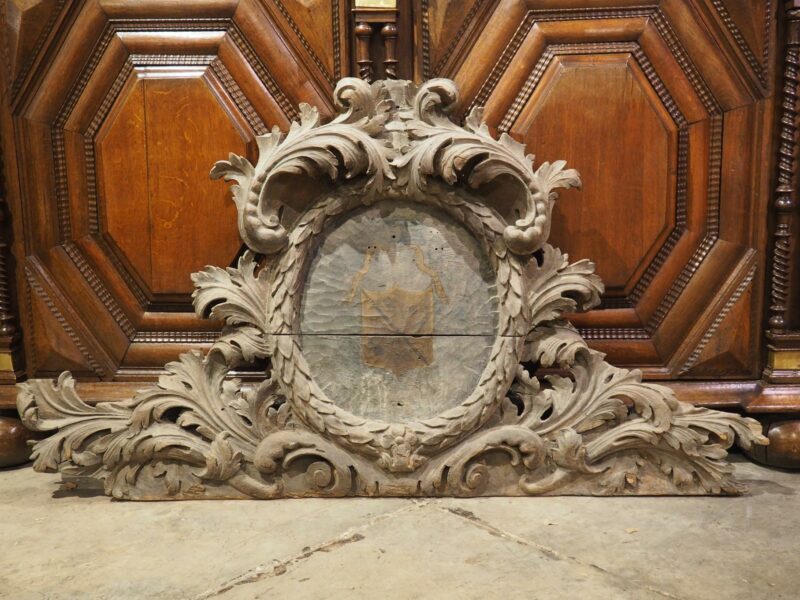 18th Century French Carved Oak Chateau Overdoor with Central Coat of Arms