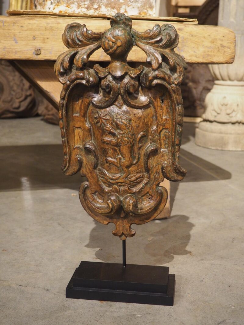 17th Century Dutch Wooden Coat of Arms Cartouche on Stand