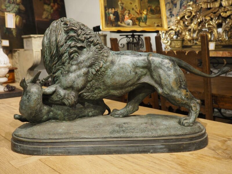 Large Antique Bronze, The Lion of Senegal Attacking an Antelope-Delabrierre 1866 - Image 15