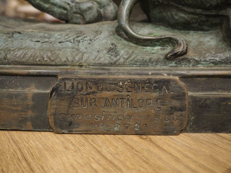 Large Antique Bronze, The Lion of Senegal Attacking an Antelope-Delabrierre 1866 - Image 4