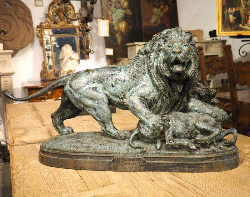 Large Antique Bronze, The Lion of Senegal Attacking an Antelope-Delabrierre 1866