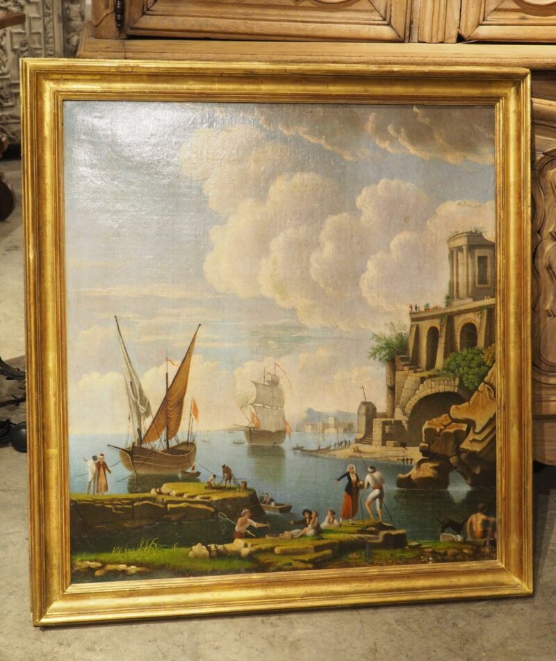 18th Century French Port Scene Oil Painting from Provence