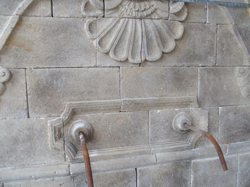 A Grand Carved Limestone 2-Spout Italian Villa Wall Fountain with Arched Basin - Image 13