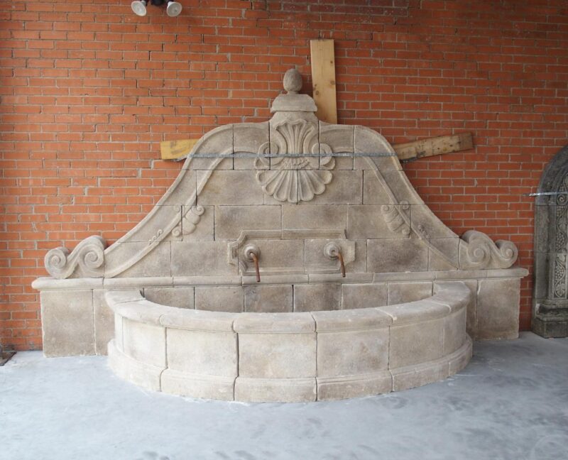 A Grand Carved Limestone 2-Spout Italian Villa Wall Fountain with Arched Basin - Image 3