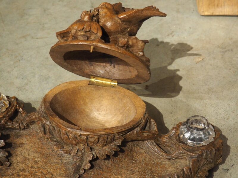 Antique French Black Forest Carved Inkwell with Oak Leaves and Birds, Circa 1890 - Image 2