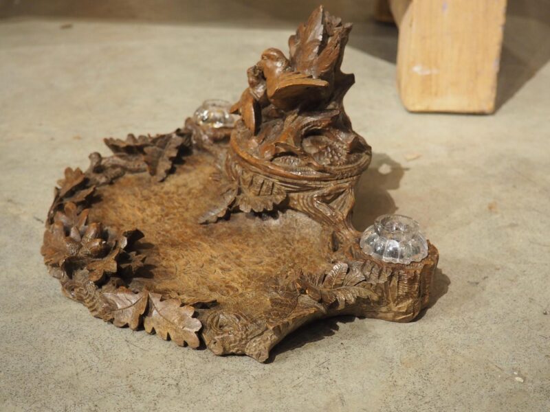 Antique French Black Forest Carved Inkwell with Oak Leaves and Birds, Circa 1890 - Image 10