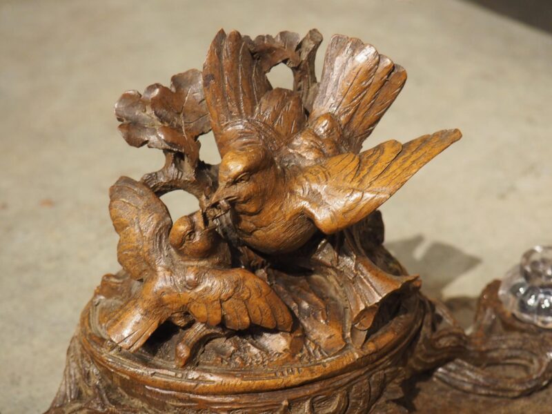 Antique French Black Forest Carved Inkwell with Oak Leaves and Birds, Circa 1890 - Image 13