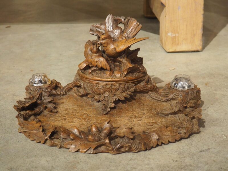 Antique French Black Forest Carved Inkwell with Oak Leaves and Birds, Circa 1890 - Image 14