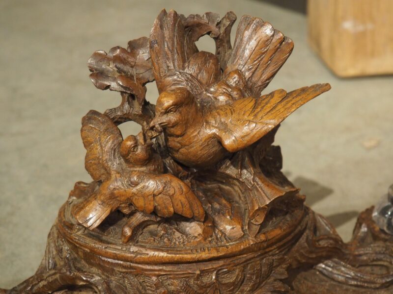 Antique French Black Forest Carved Inkwell with Oak Leaves and Birds, Circa 1890 - Image 3