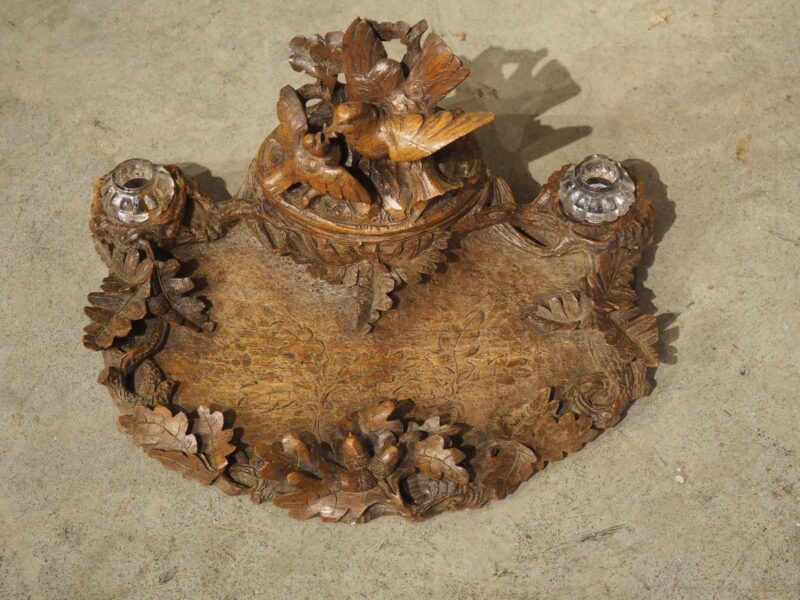 Antique French Black Forest Carved Inkwell with Oak Leaves and Birds, Circa 1890 - Image 7