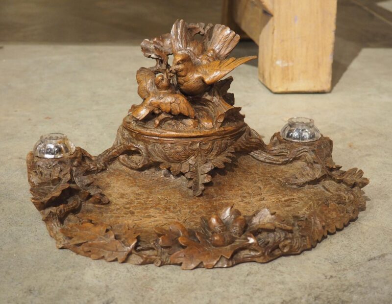 Antique French Black Forest Carved Inkwell with Oak Leaves and Birds, Circa 1890