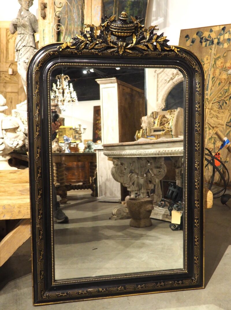 19th Century French Napoleon III Style Black and Gold Mirror with Crest