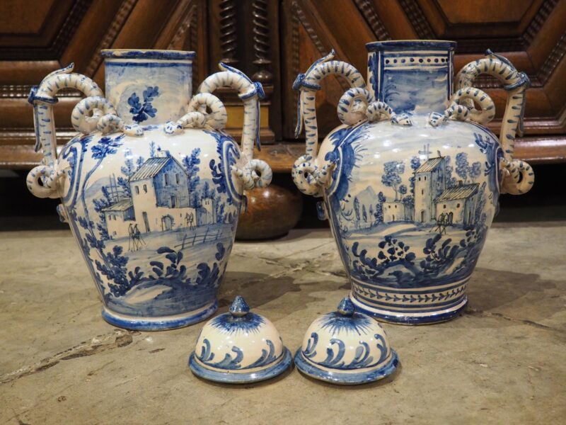 Antique Blue and White Lidded Vases from Savona, Italy, Circa 1800 - Image 3