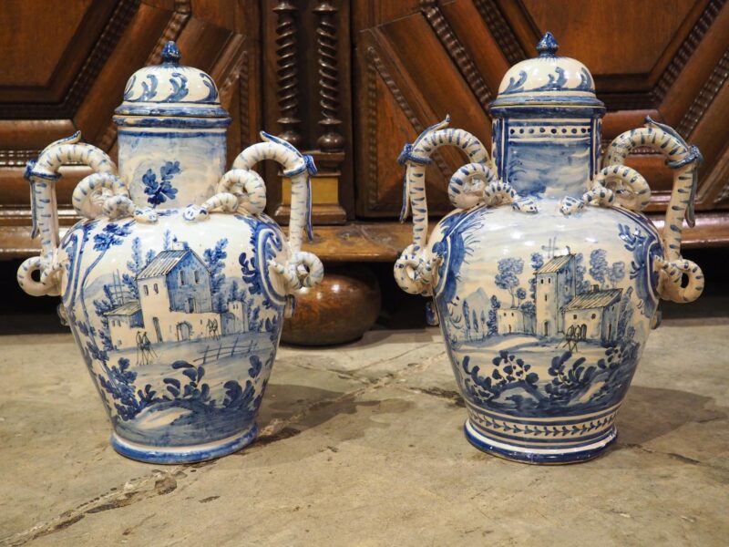 Antique Blue and White Lidded Vases from Savona, Italy, Circa 1800