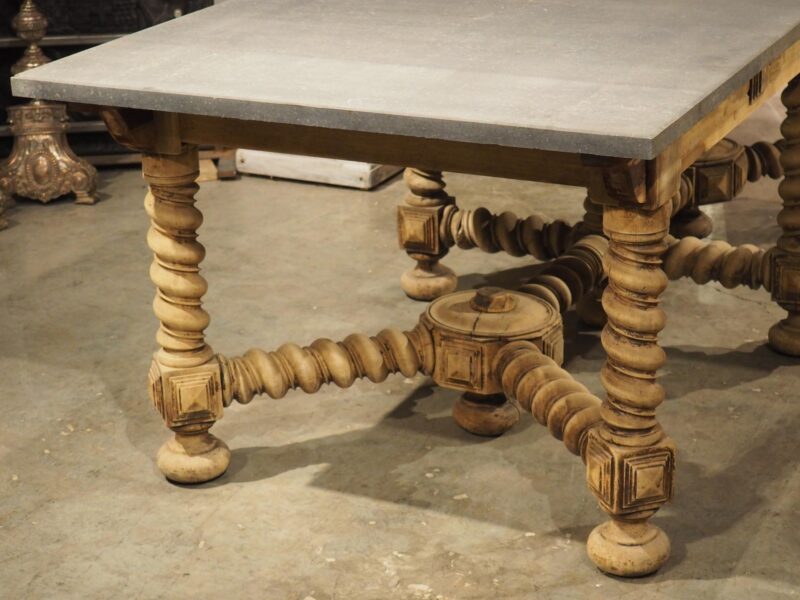 19th Century French Bleached Oak Table with Turned Legs and Bluestone Top - Image 2