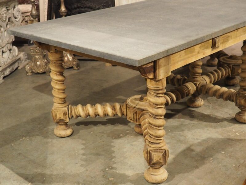 19th Century French Bleached Oak Table with Turned Legs and Bluestone Top - Image 13