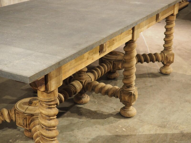 19th Century French Bleached Oak Table with Turned Legs and Bluestone Top - Image 14