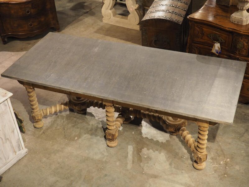 19th Century French Bleached Oak Table with Turned Legs and Bluestone Top - Image 15