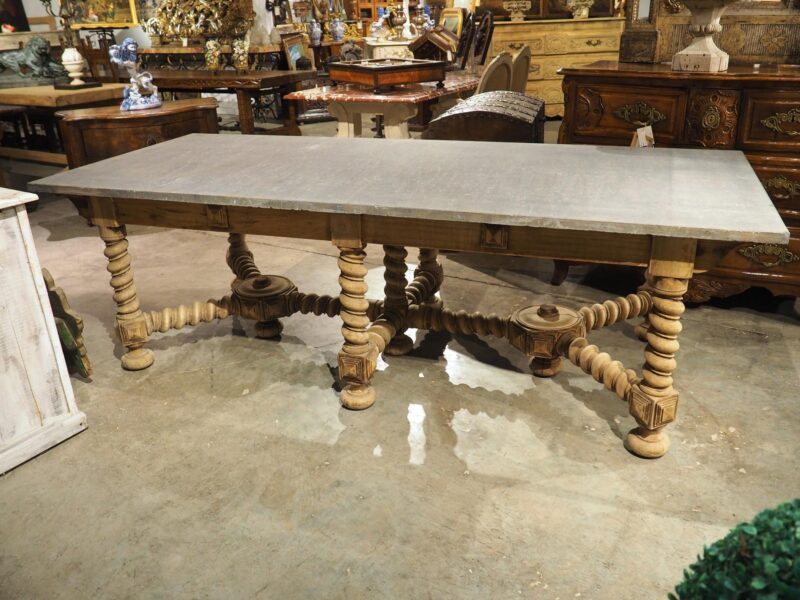 19th Century French Bleached Oak Table with Turned Legs and Bluestone Top - Image 16