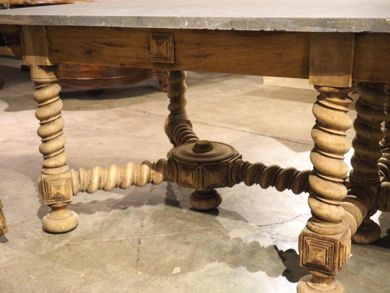 19th Century French Bleached Oak Table with Turned Legs and Bluestone Top - Image 17