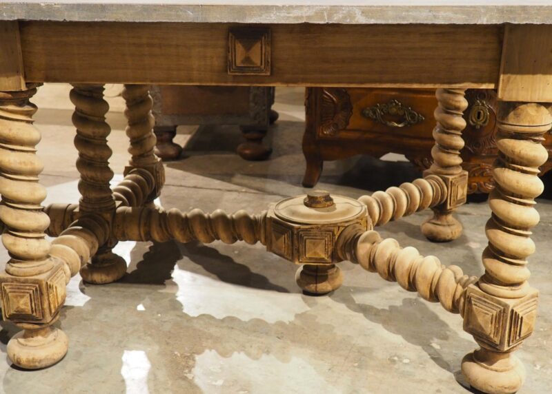 19th Century French Bleached Oak Table with Turned Legs and Bluestone Top - Image 18