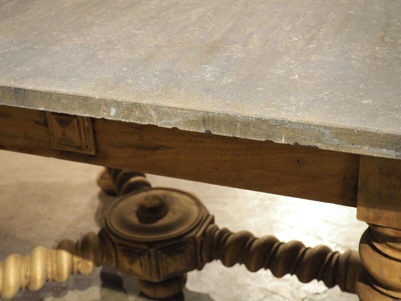 19th Century French Bleached Oak Table with Turned Legs and Bluestone Top - Image 19