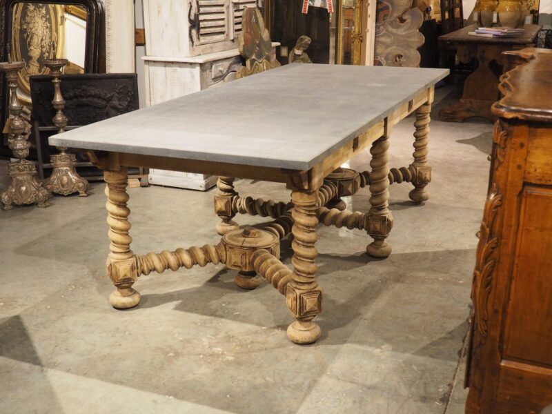 19th Century French Bleached Oak Table with Turned Legs and Bluestone Top - Image 3