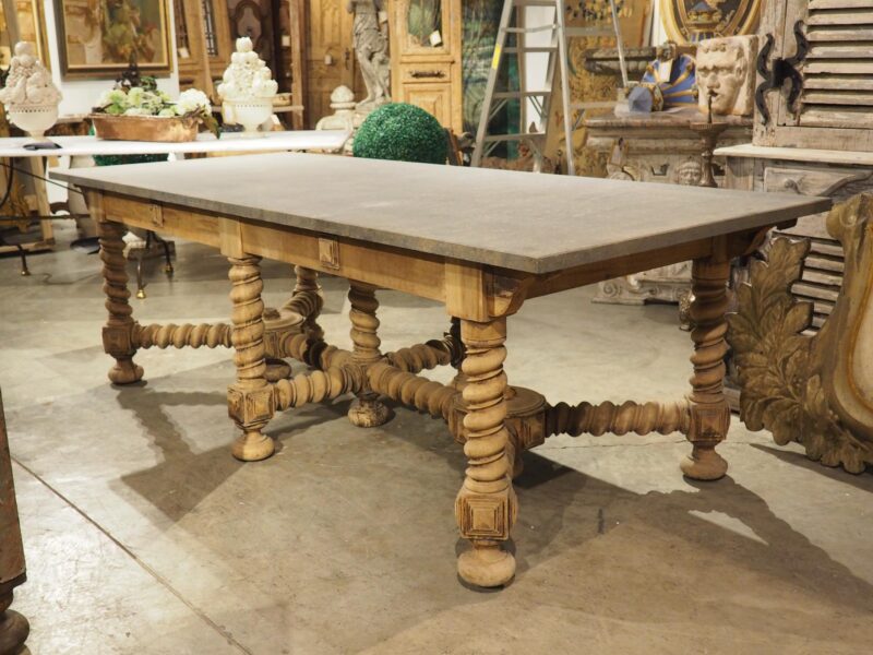 19th Century French Bleached Oak Table with Turned Legs and Bluestone Top - Image 21