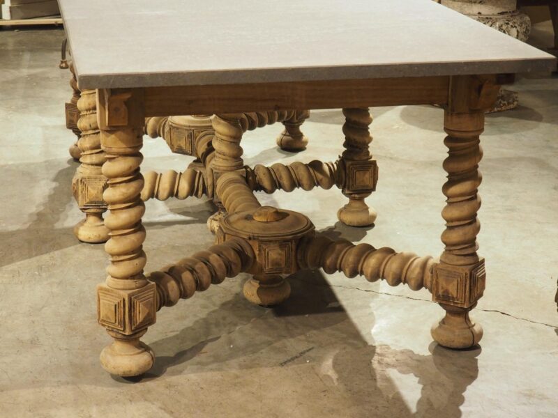 19th Century French Bleached Oak Table with Turned Legs and Bluestone Top - Image 22