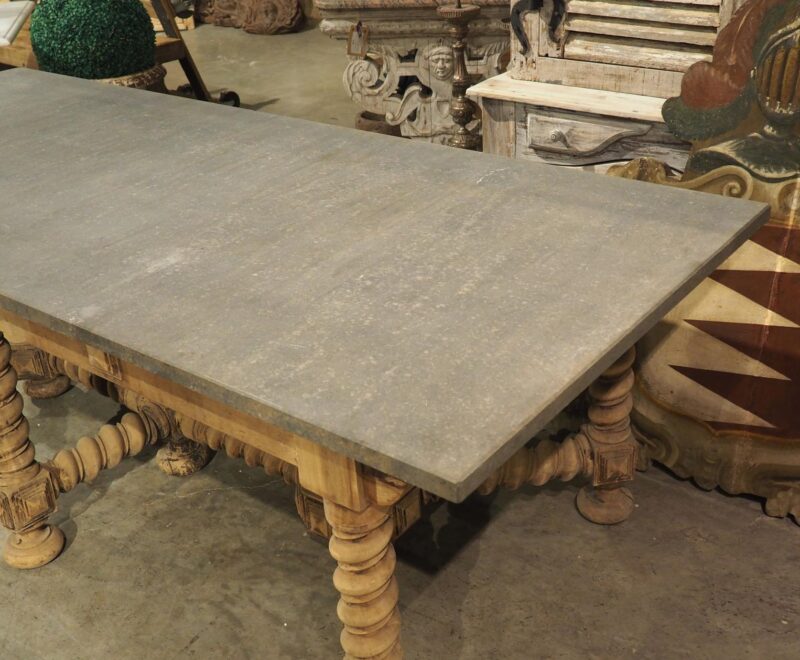 19th Century French Bleached Oak Table with Turned Legs and Bluestone Top - Image 4