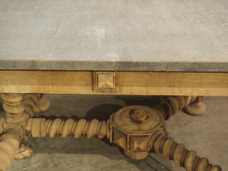 19th Century French Bleached Oak Table with Turned Legs and Bluestone Top - Image 6