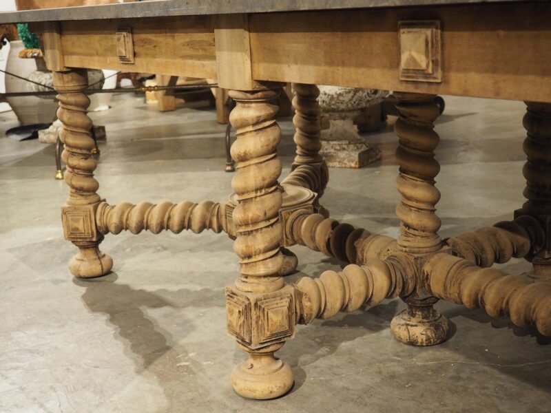 19th Century French Bleached Oak Table with Turned Legs and Bluestone Top - Image 7