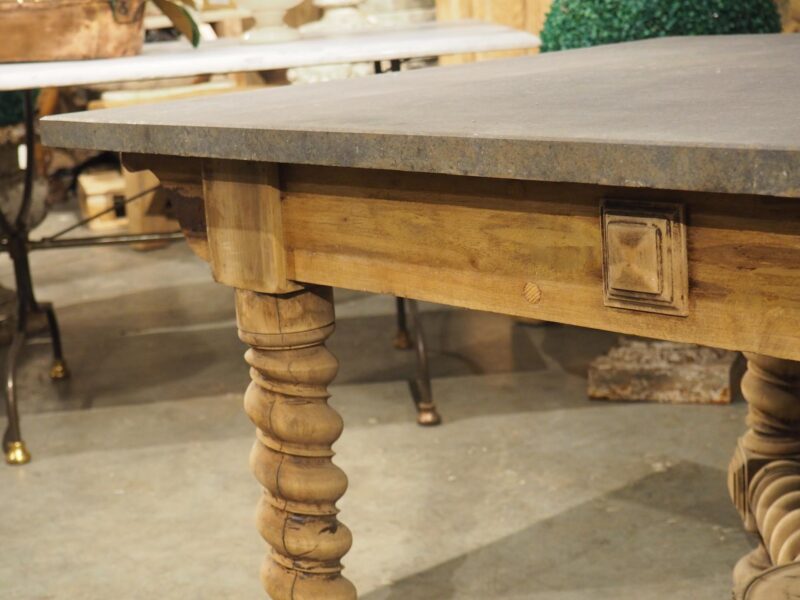 19th Century French Bleached Oak Table with Turned Legs and Bluestone Top - Image 9