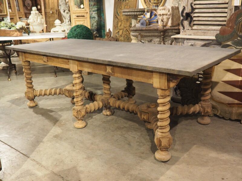 19th Century French Bleached Oak Table with Turned Legs and Bluestone Top