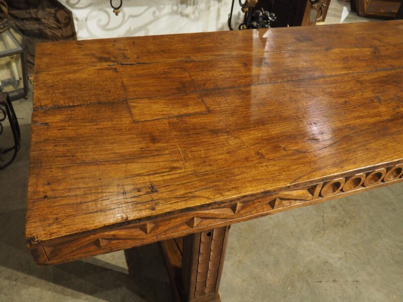 Unusual Antique French Oak and Iron Chateau Dining Table, "Priovq Vivere" - Image 7