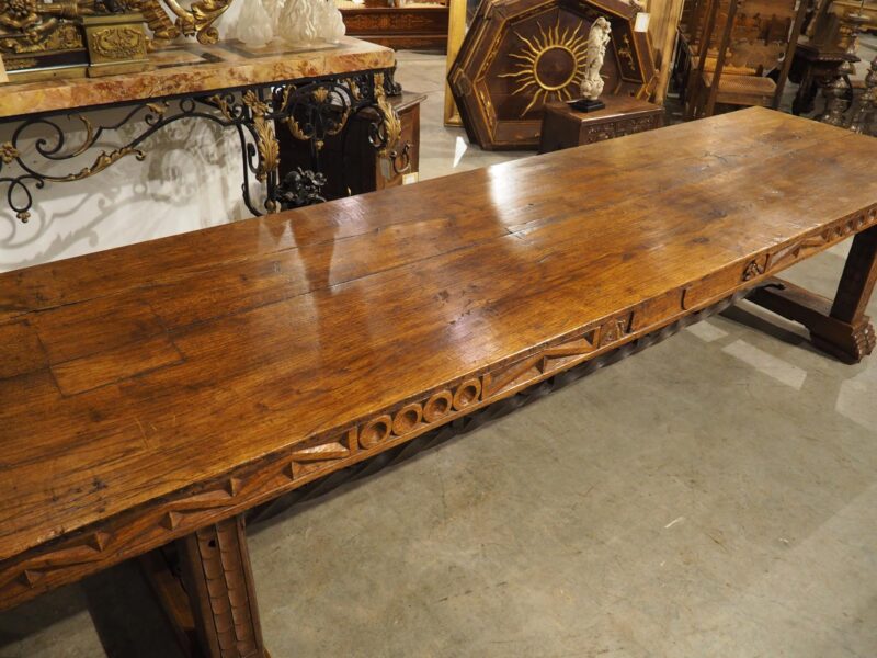 Unusual Antique French Oak and Iron Chateau Dining Table, "Priovq Vivere" - Image 8