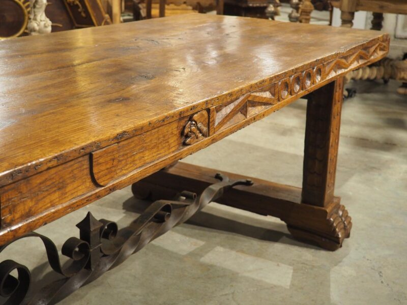 Unusual Antique French Oak and Iron Chateau Dining Table, "Priovq Vivere" - Image 13