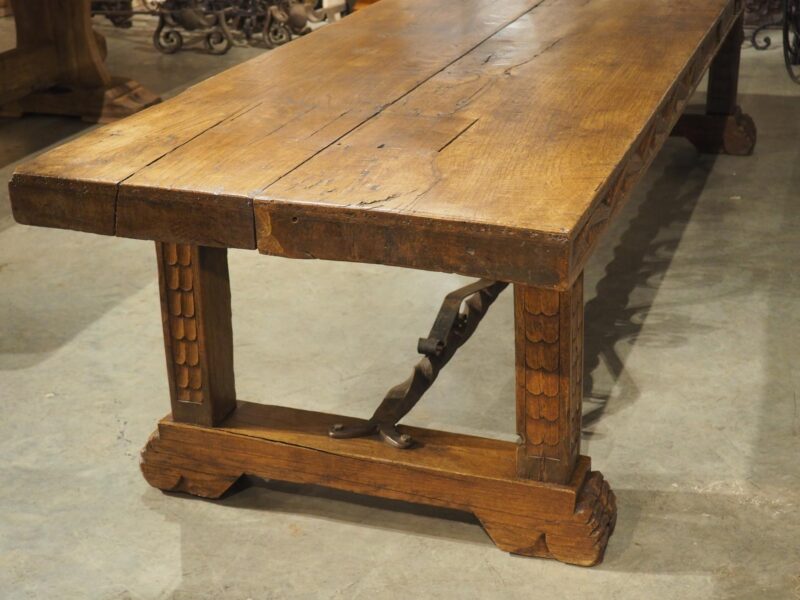 Unusual Antique French Oak and Iron Chateau Dining Table, "Priovq Vivere" - Image 14