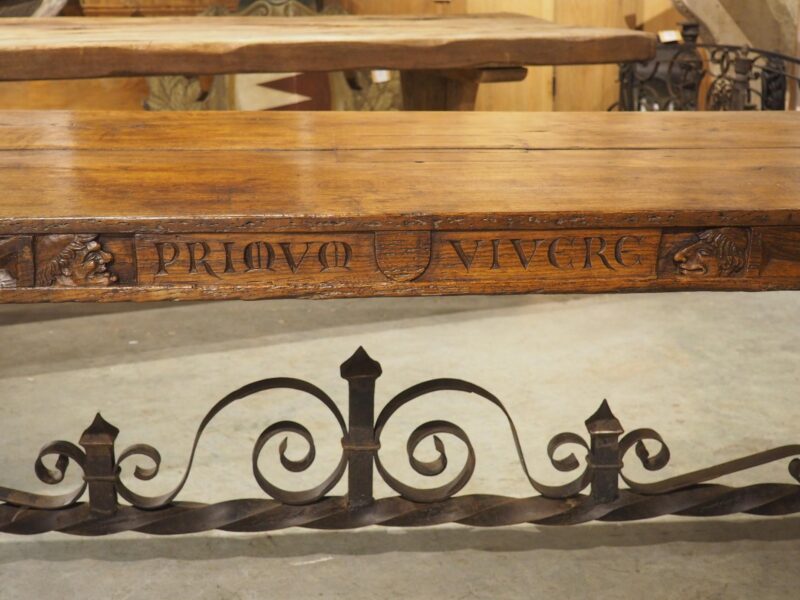 Unusual Antique French Oak and Iron Chateau Dining Table, "Priovq Vivere" - Image 15